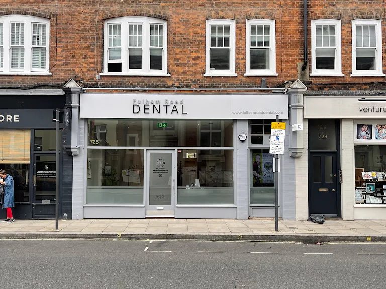 Fulham Road Dental — shopfront on Fulham Road with the practice signage above the door.